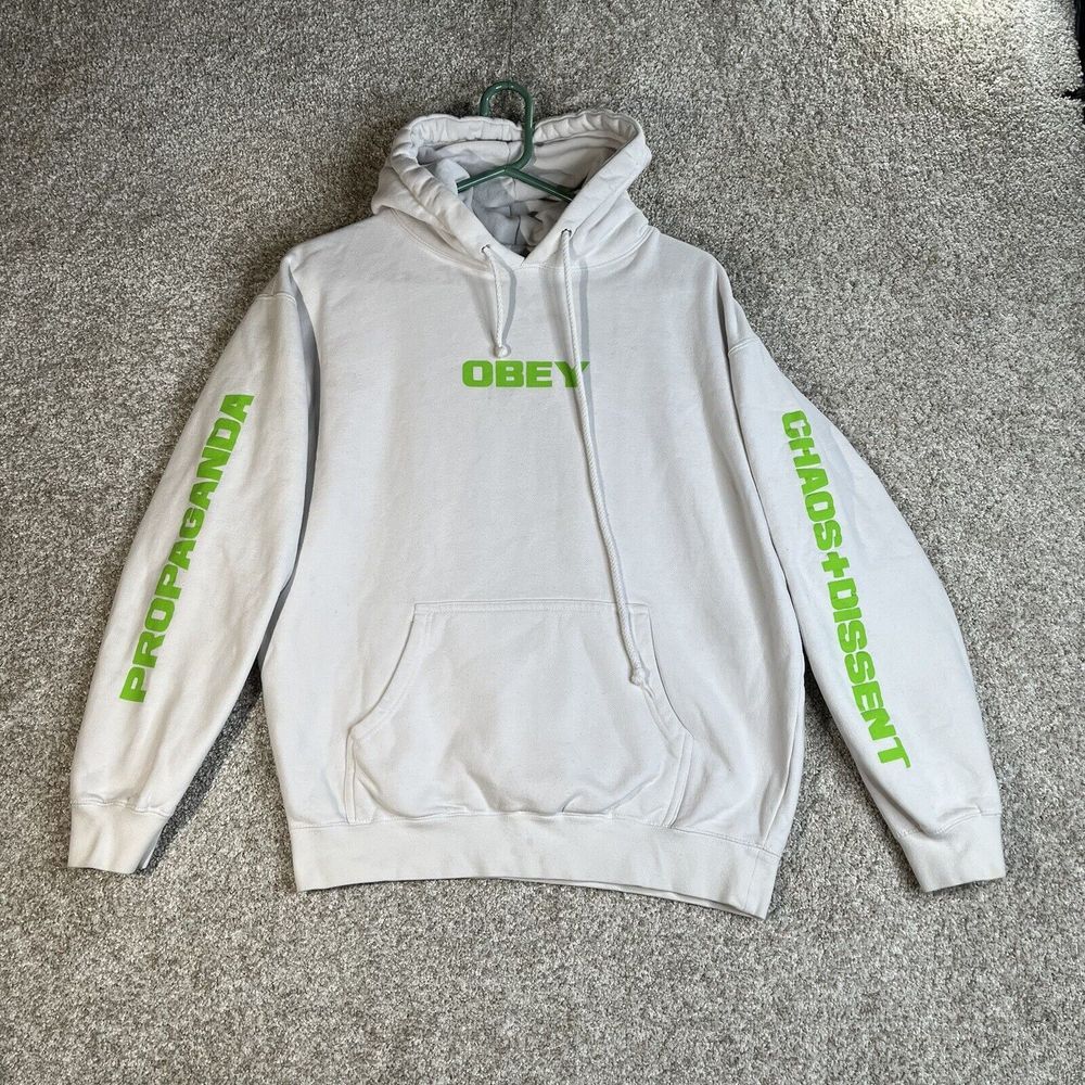 OBEY Propaganda Hoodie Medium White Neón‎ Letters Chaos Dissent